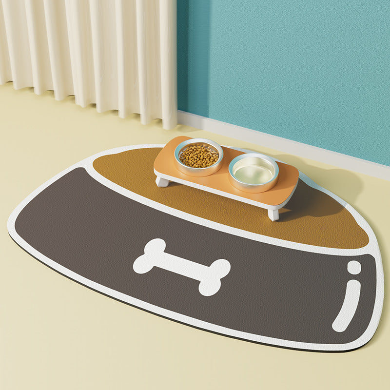 Brown pet mat with a pet bowl design and a small table with bowls on a light-colored floor.