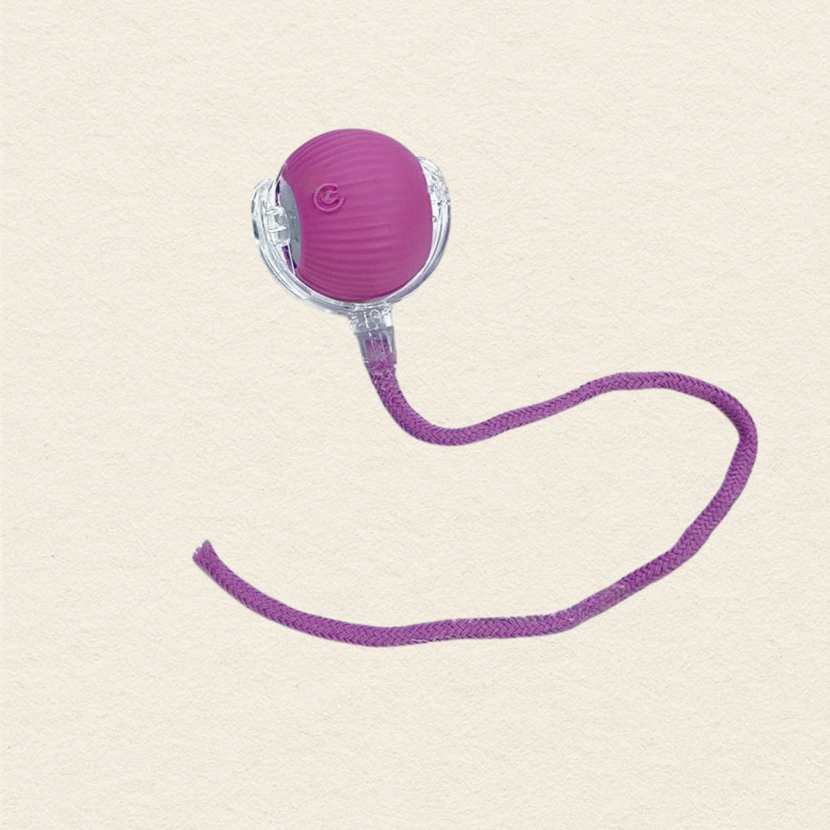 A purple textured silicone cat toy with a clear plastic frame and a purple braided cord, shown on a textured beige background.