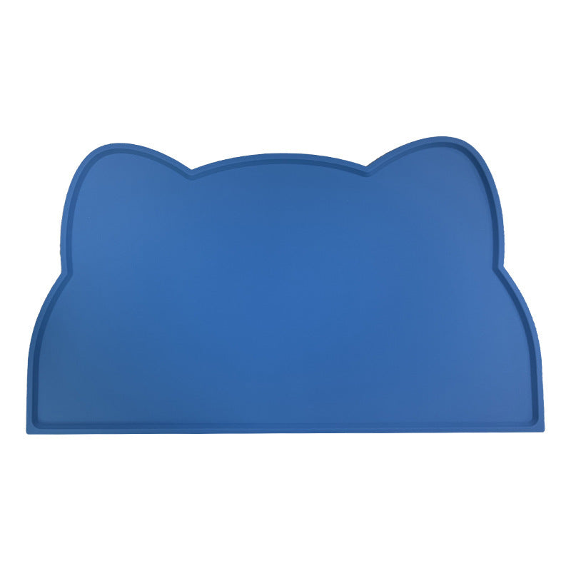 Blue pet mat with a cat-shaped design on a white background