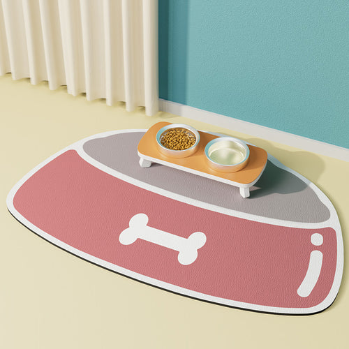 Pink pet mat with a pet bowl design and a small table with bowls on a light-colored floor.