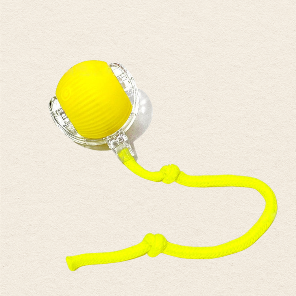 A bright yellow textured ball inside a clear plastic holder attached to a matching neon yellow cord with knotted loops, shown on a light beige textured background.