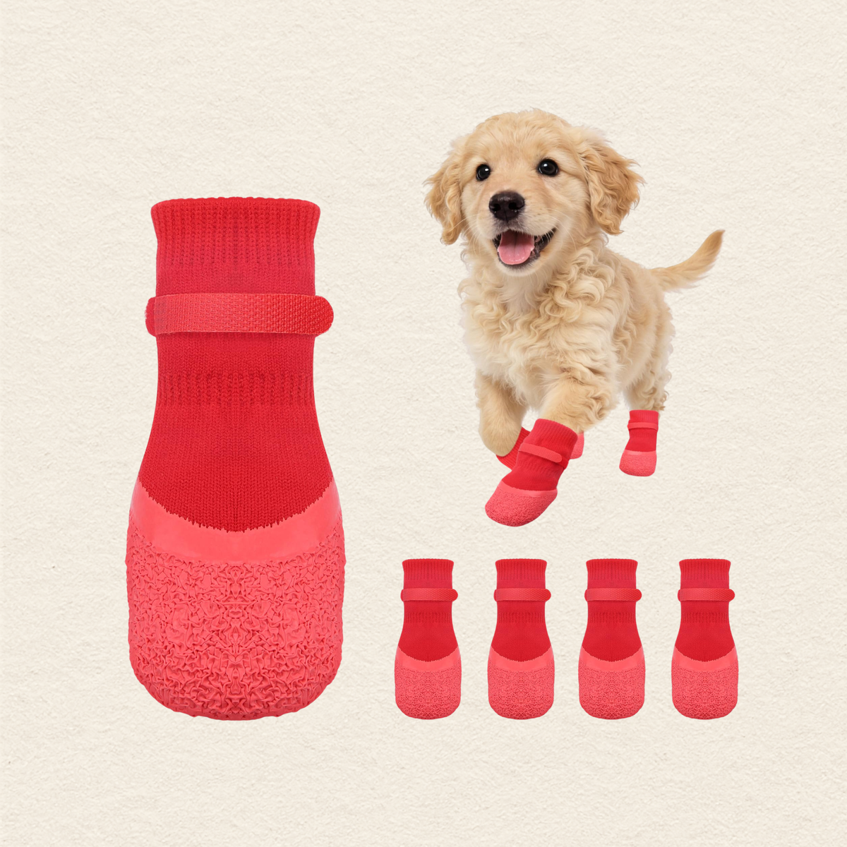 Red dog booties shown on a light cream background, with one large bootie on the left, four smaller booties aligned at the bottom, and a golden puppy wearing the booties on the right.