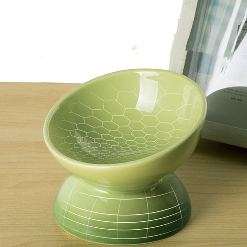 Green ceramic raised pet bowl for cats and small dogs