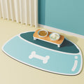Blue et mat with a pet bowl design and a small table with bowls on a light blue wall background