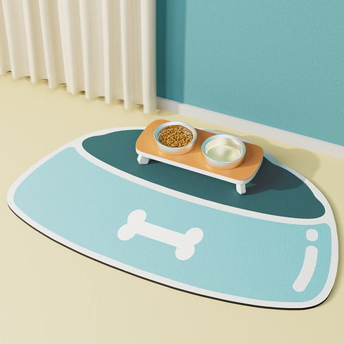 Blue et mat with a pet bowl design and a small table with bowls on a light blue wall background