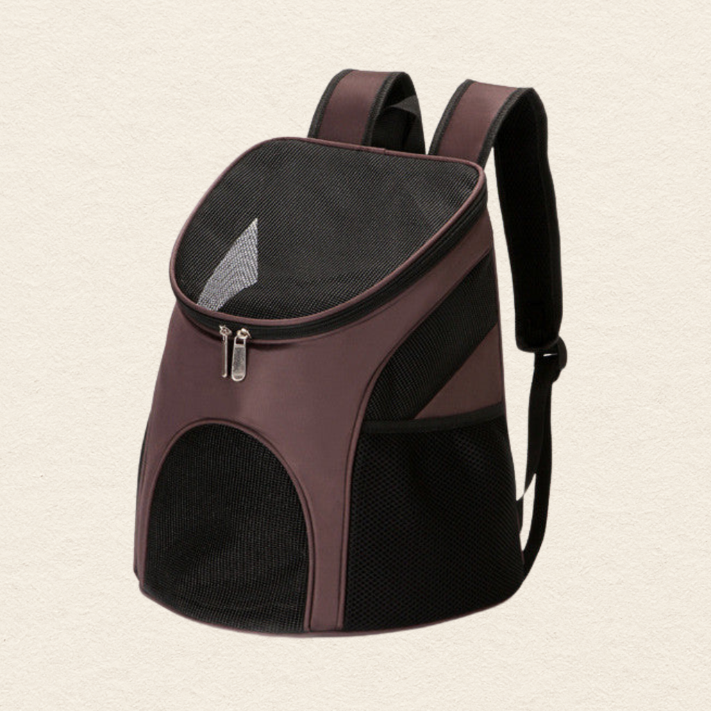 A pet carrier backpack with a dark brown and black mesh design, featuring padded shoulder straps and a zippered top opening, shown against a light textured background.