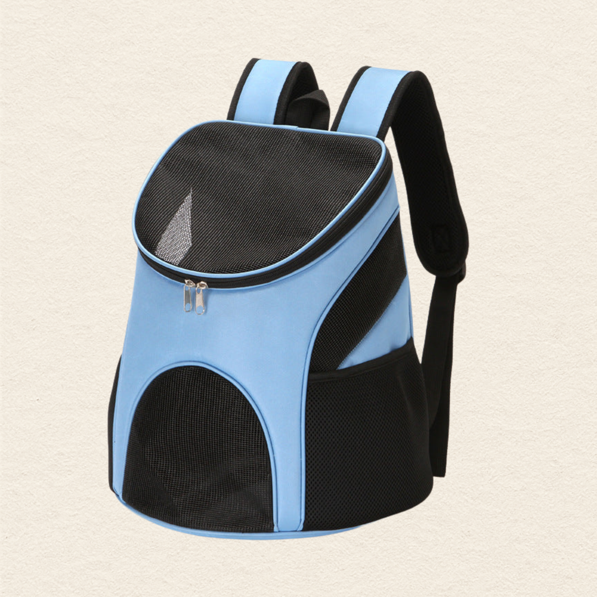A light blue and black pet carrier backpack with mesh ventilation panels, shown on a textured off-white background.