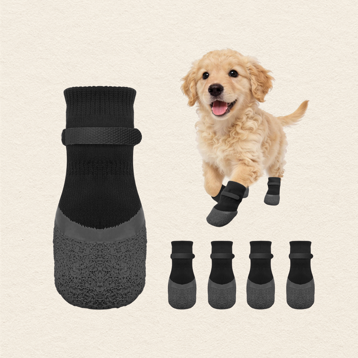 A set of dog booties shown on a light cream background, including one large bootie, four smaller booties, and a golden retriever puppy wearing the booties. The booties are black with dark gray textured soles.