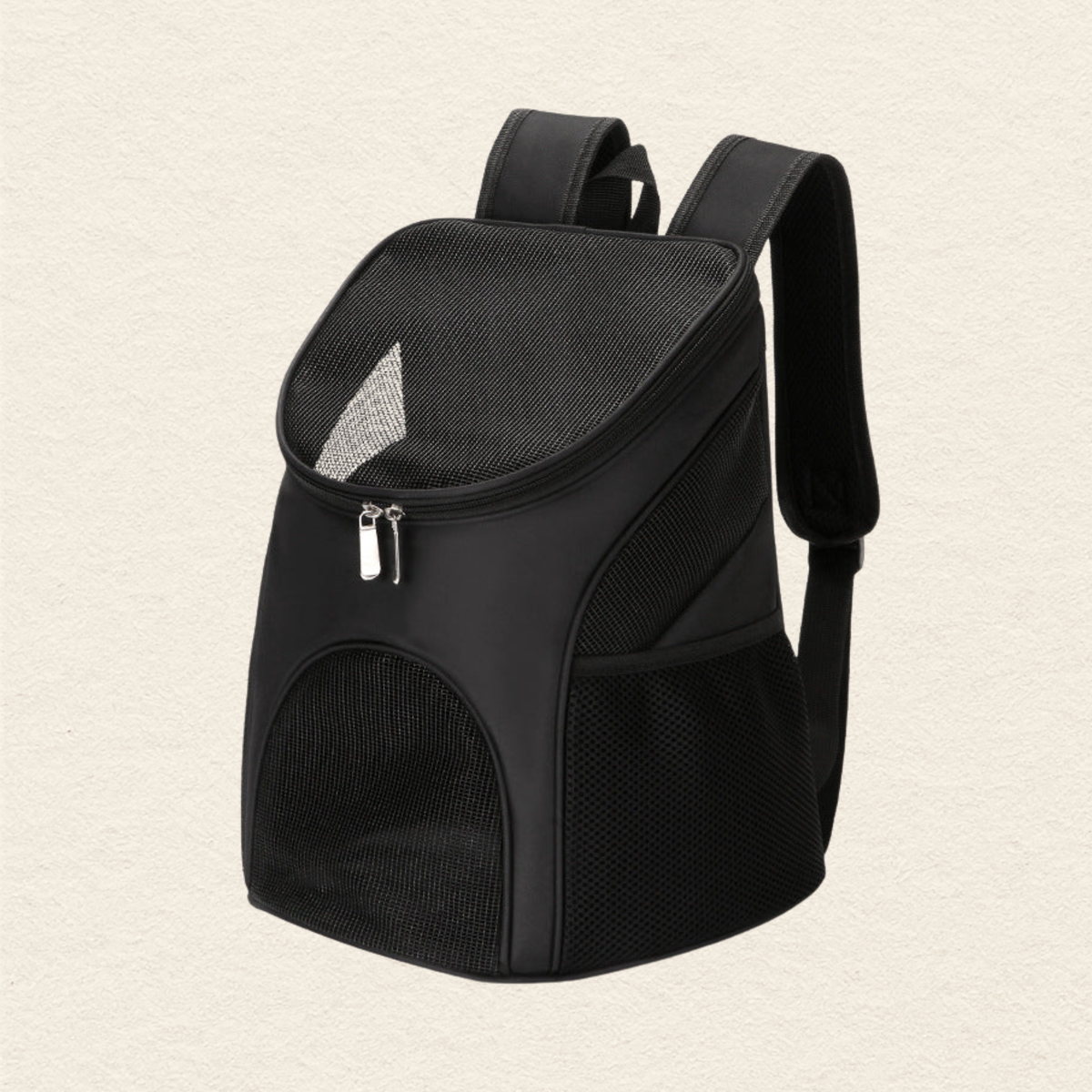 A black pet carrier backpack with breathable mesh panels and padded shoulder straps, shown on a light beige textured background.