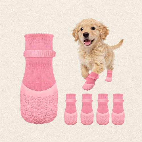 Pink dog booties shown on a light cream background, with one large bootie on the left, four smaller booties aligned at the bottom, and a small golden puppy wearing all four on the right.