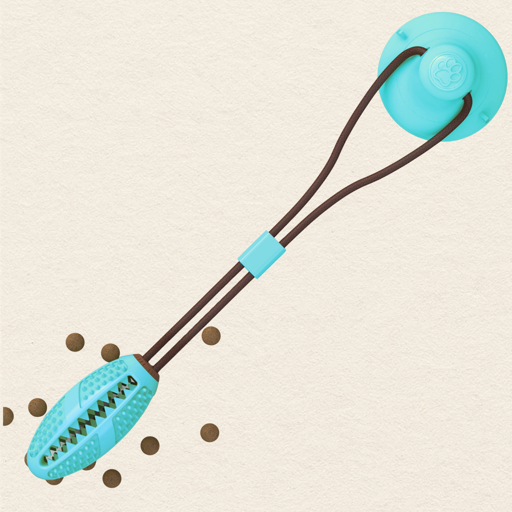 A pet tug toy with a turquoise blue textured handle, brown elastic cords, and a matching turquoise blue suction cup on a light beige textured background.