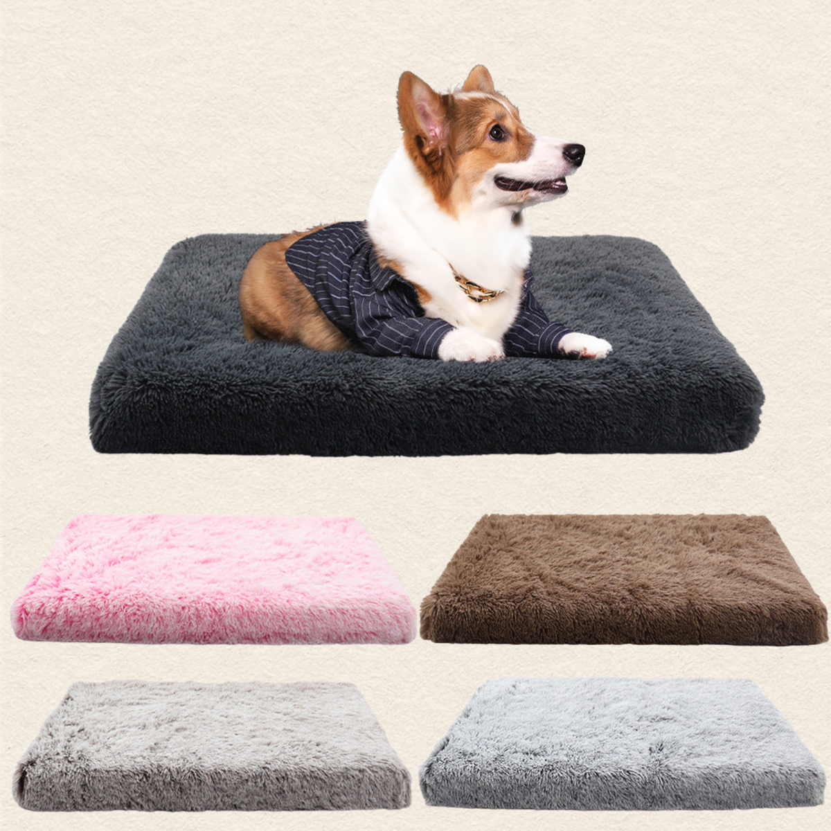 A small dog wearing a striped sweater lies on a fluffy rectangular pet bed. Below, four additional pet bed color options are shown: pink, brown, light gray, and dark gray, on a light beige background.