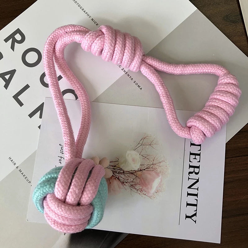 Pink and teal rope toy on a magazine